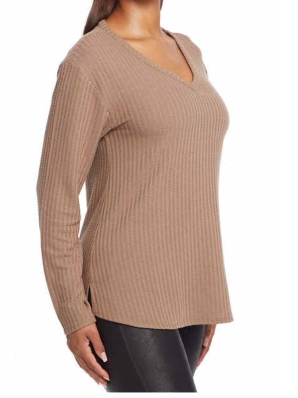 Chaser Waffle Knit Thermal Long Sleeve V-Neck Cozy Top Chestnut Size Small